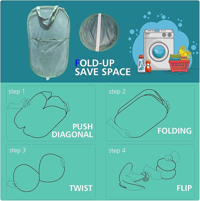 Sturdy Mesh Laundry Hamper Basket Bag,collapsible Pop up for Laundry Room | Folding Foldable Baskets with Side Pocket Travel Clothes Organizer for Bathroom,Kids Room,College Dorm (Vertical,Emerald)
