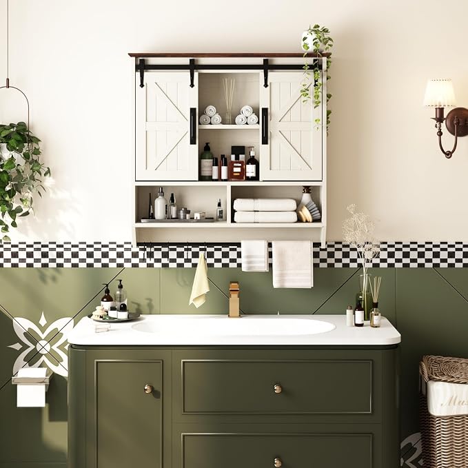 RUSTOWN Farmhouse Bathroom Wall Storage Cabinet with Sliding Barn Doors | 3-Tier, Rustic Wood Wall Mounted Cabinets, Vintage Medicine Cabinet, Adjustable Shelves, Over The Toilet Storage Cabinet