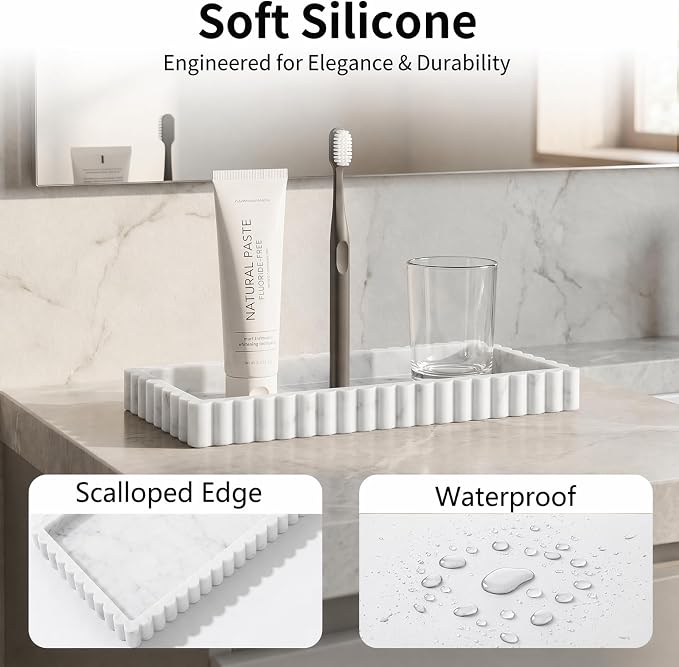 Bathroom Vanity Tray - 9.4''x3.9'' Silicone Bathroom Tray with Scalloped Edge, Counter Top Tray for Vanity Sink Countertop, Decorative Organizer for Cosmetics Jewelry, Rectangular, Marble Gray