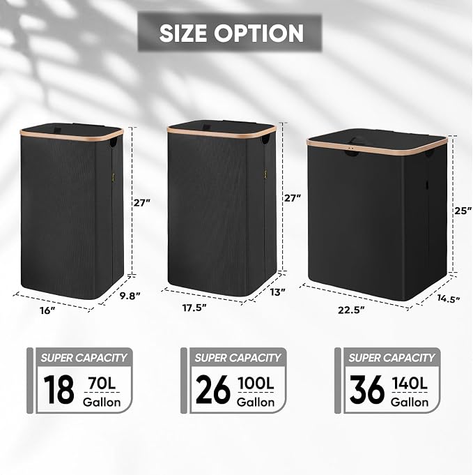 BALEINE Laundry Hamper with Lid, Tall Laundry Baskets with Bamboo Pull Handles, Large Laundry Bin with Internal Support (36 Gal/140L, Black)