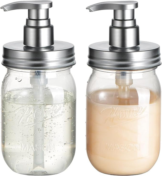Amolliar Plastic Mason Jar Soap Dispenser with Pump Lid 16OZ - 2 Pack | Refillable BPA-Free Hand Soap Dispenser Set with Cute Lables, Farmhouse Decor for Kitchen Bathroom Liquid Dish Soap Lotion