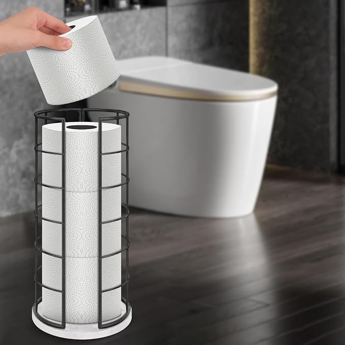 NearMoon Toilet Paper Organizer Stand, Free Standing 3 Rolls Tissue Storage, Metal Bathroom Accessory, Rustproof Toilet Roll Holder for Kitchen Countertop Inside Cabinet Shelf(Marble Base,Matte Black)