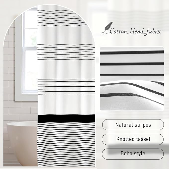 Black Stripe Boho Cotton Striped Shower Curtain with Tassel 72"W X 72"L | Boho Farmhouse Shower Curtains for Bathroom with Soft Cotton Feel