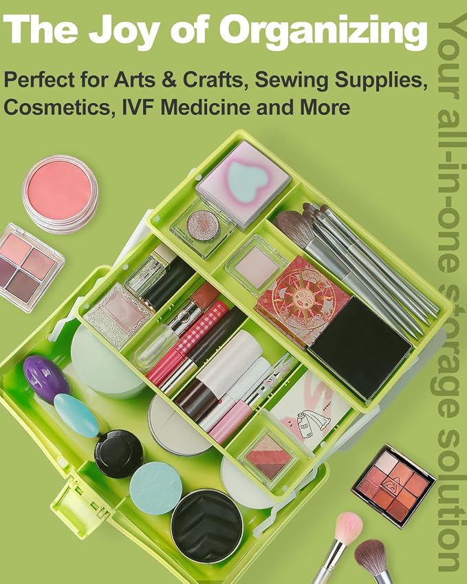 TERGOO 12in 3-Layer Plastic Craft Organizers and Storage, Portable Folding Tackle Box with Handle & Adjustable Dividers, Multipurpose Case for Sewing, Art Supplies, Medicine, Tools (Green)