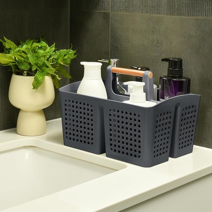 Portable Shower Caddy Basket with 3 Compartments and Handle, Dark Gray | Plastic Divided Cleaning Caddy Organizer for Laundry Rooms, Garages, Bathrooms, RVs, Cabinets and Under-Sink Storage