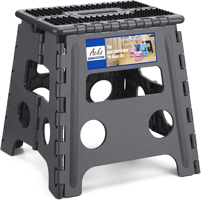 ACKO 13" Folding Step Stool, Non-Slip Surface for Adults & Kids, Dot Gray | Collapsible Heavy Duty Foldable Stools, Portable Foot Stepping Stool Holds 300 lbs, Kitchen Bathroom Outdoor, with Handle