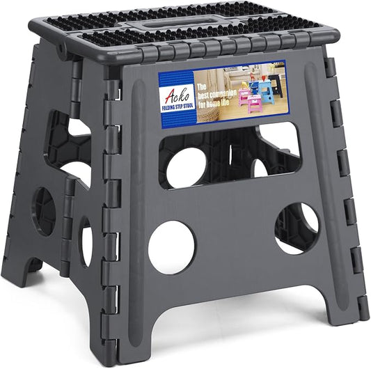 ACKO 13" Folding Step Stool, Non-Slip Surface for Adults & Kids, Dot Gray | Collapsible Heavy Duty Foldable Stools, Portable Foot Stepping Stool Holds 300 lbs, Kitchen Bathroom Outdoor, with Handle