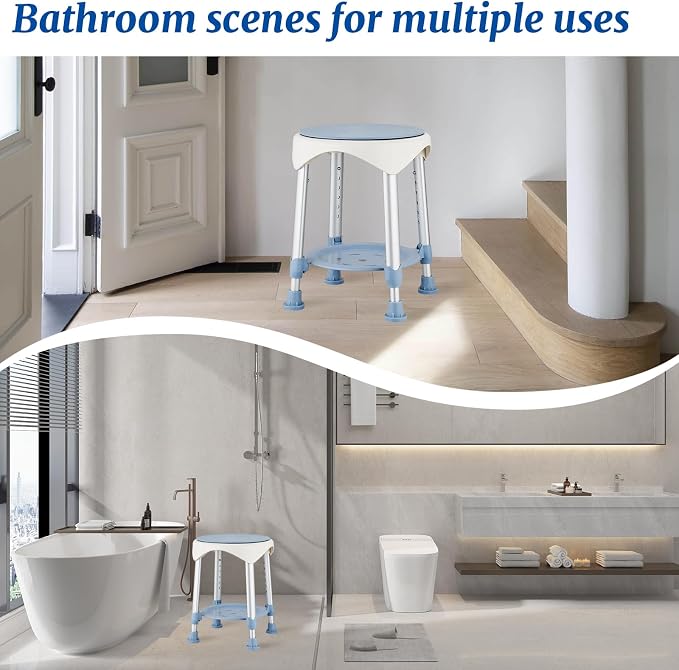 Shower Stool Chair for Inside Shower,360° Swivel,Blue,300LBS | 6-Level Adjustable Height Bath Chair with Shelf,Shower Seat Stool for Bathroom,Upgrade Small Corner Stool for Seniors