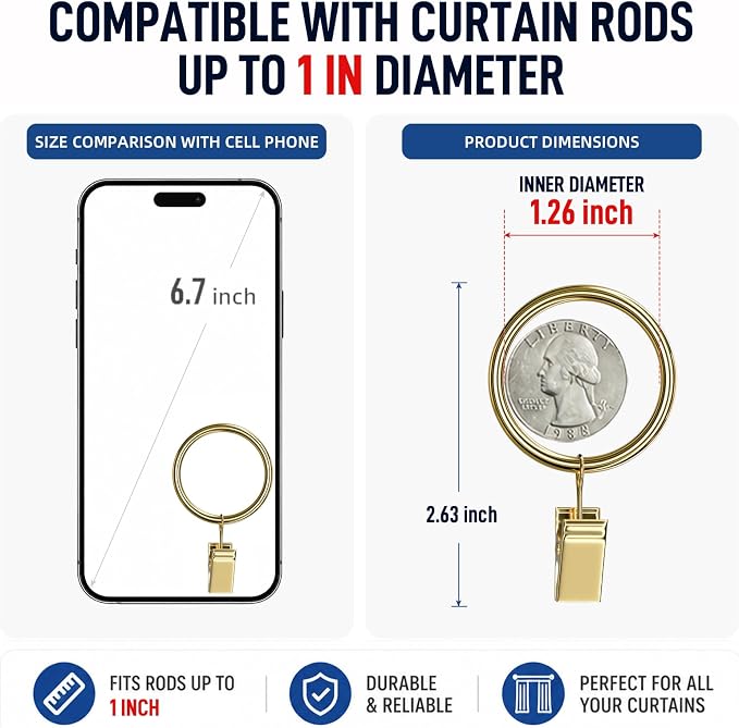 Lansian 44 Pack Curtain Rings with Clips Hooks 1.26 in Diameter Rustproof | Metal Stainless Steel Drapery Rings for Tension Rod Bracket Eyelets Decorative Hanger, Fits 1 in Rods, Gold