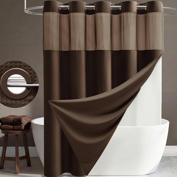 Brown Hook Free Waffle Shower Curtain & Snap-in Fabric Liner,72x75 | Less Time to install, 3 in 1 Fabric Shower Curtain and Liner Set with Magnets, Mesh Top Window, Shower Curtains for Bathroom