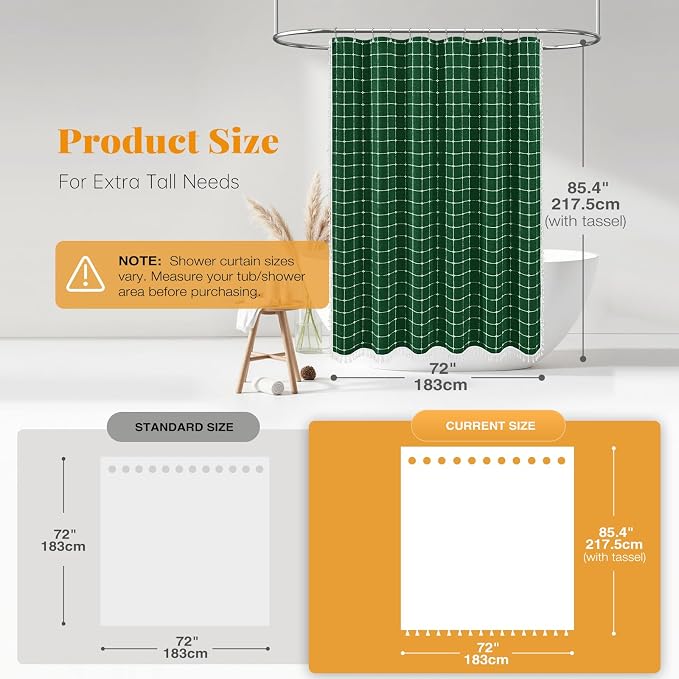 Long Boho Farmhouse Linen Fabric Shower Curtain, 72x84, Emerald Green | Tall Size, 330GSM Linen Blend, 3-side Tassels, Water Repellent Cloth, 12 Plastic Hooks, Rustic Bohemian, Machine Washable