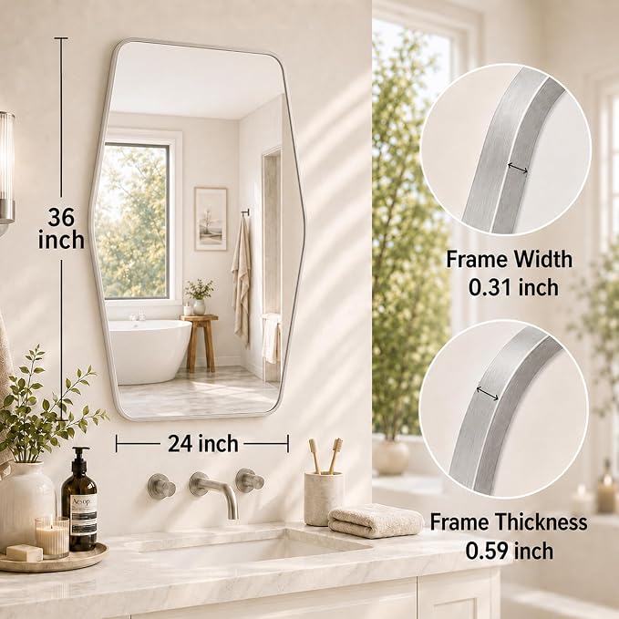 Brushed Nickel Tapered Rectangle Bathroom Mirror, 24x36 Inch | Aluminum alloy frame, tempered glass, two-way keyhole mount, for bedroom, hallway, console