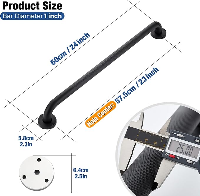 Grab Bars for Shower, 24 Inch Shower Handle, 2 Pack, Brushed Nickel | Grab Bars for Bathroom, Knurled Anti-Slip Grip, 23-Inch Hole Centers, 1-Inch Diameter, Wall-Mounted Support for Seniors