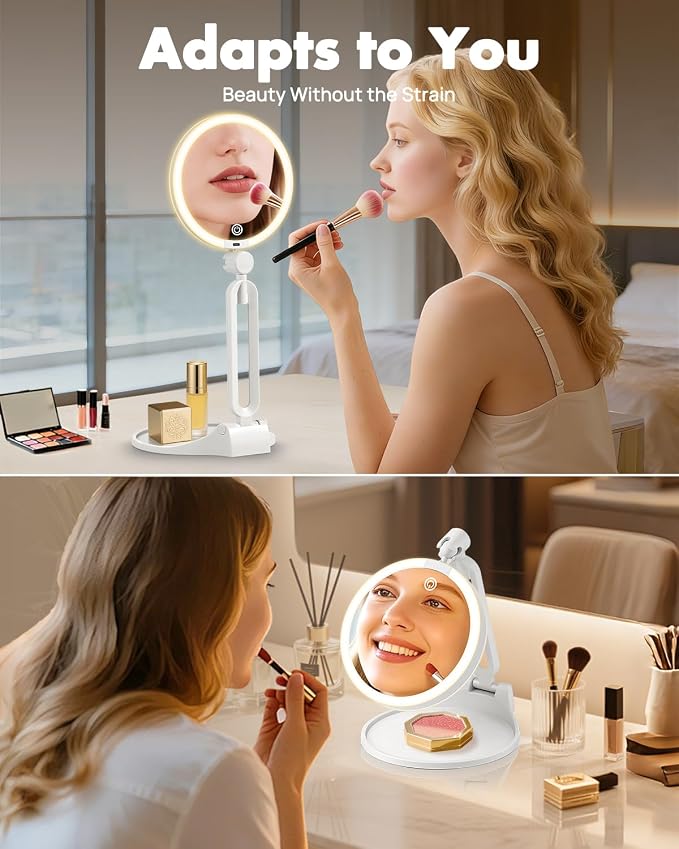 10X/1X Makeup Magnifying Mirror with Lights, 6inch Double-Sided LED Mirror | 360° Rotation Folding Bracket, 3 Color Dimmable Lights, Rechargeable 1500mAh Battery, Desktop 1X/10X Travel Magnifying Mirror