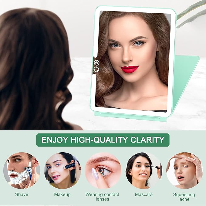 Folding Travel Mirror Lighted Makeup Mirror with 72 LEDs 3 Colors Light Modes, USB Rechargable, Portable, Ultra Thin, CompactVanity Mirror with Touch Screen Dimming for Cosmetic (Green)