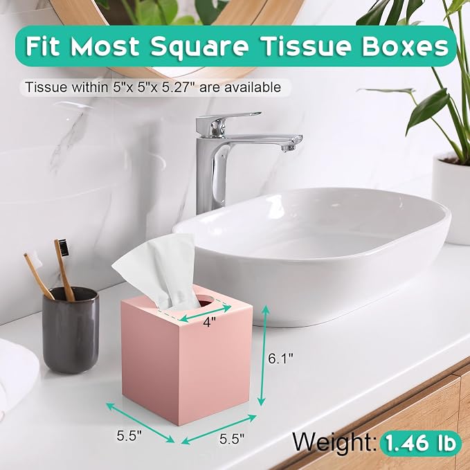 Pink Tissue Box Cover Square - Wood Tissue Box Holder for Tabletop Night Stands Bathroom Office - Decorative Facial Cube Tissue Box Dispenser