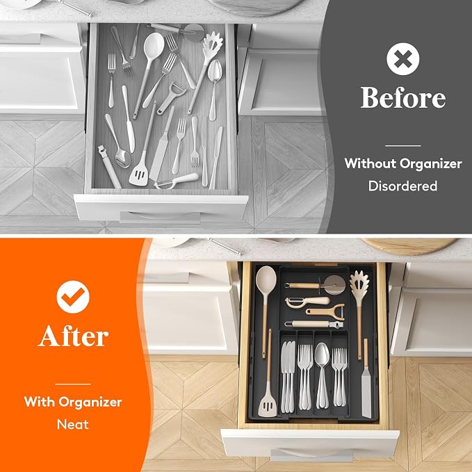 Lifewit Expandable Silverware Drawer Organizer, Utensil Tray for Kitchen | BPA Free Flatware and Cutlery Holder, Adjustable Plastic Storage for Spoons Forks Knives, 8.9-14.3 x 11.3-19.4 x 1.7", Black