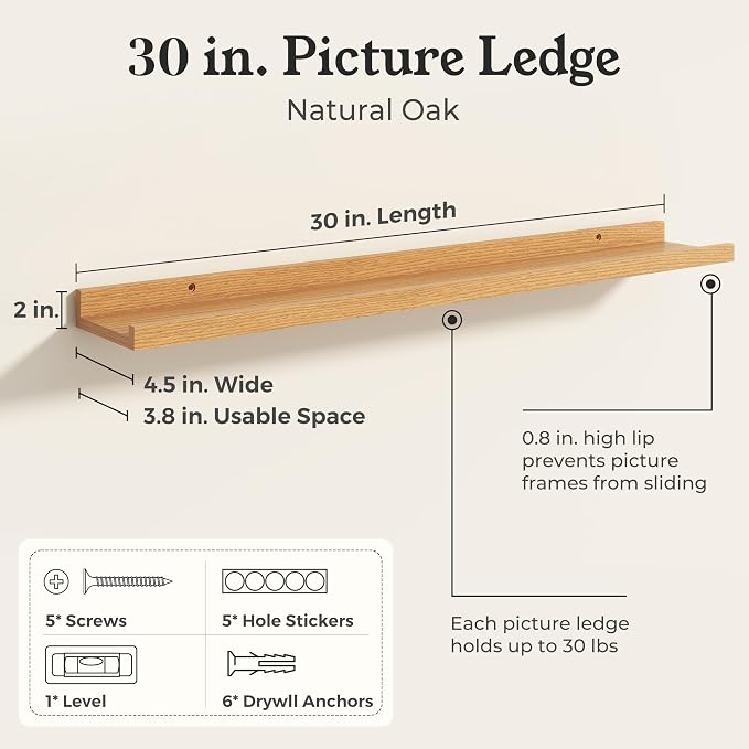 Oak Picture Ledge Shelves for Wall, 4.5" Deep Wood Floating Shelves with Lip for Bedroom, Living Room, 30" Width, Color Oak Set of 2