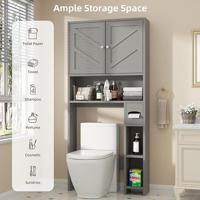 Shintenchi Over the Toilet Storage Cabinet, Bathroom Storage Cabient with Barn Doors, Bathroom Storage Shelf Organizer with Toilet Paper Holder, Adjustable Shelf and Anti-Tip Device, Gray