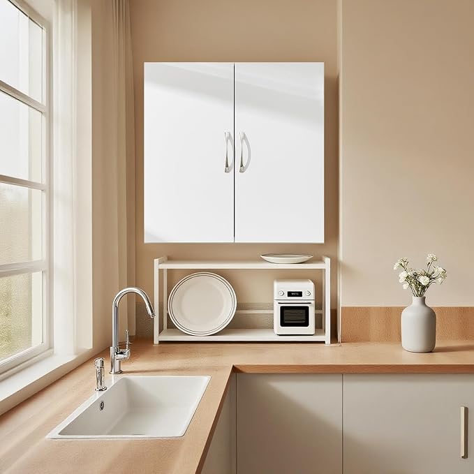 SoBuy Wall Cabinet, Over Toilet Storage Cabinet, Medicine Cabinet with Shelf, Multifunctional Wall Mount Cabinet for Laundry Room, Kitchen, Bathroom, White