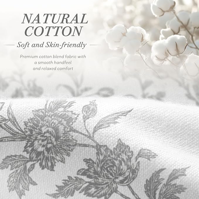 Grey Floral Shower Curtain,Vintage Cotton Cottagecore Gray Shower Curtains for Bathroom, 72" W x 72" L
