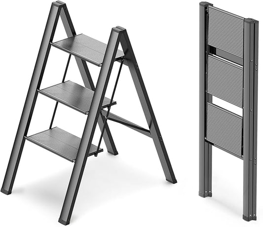 3 Step Foldable Step Stool, 300lbs Load, Black | Folded 35''H x 2''T; Net 7.99 lbs; Non-Slip Feet: Wood/Tile/Carpet; Rigid Aluminum Steps; No Assembly; Ready From Box.