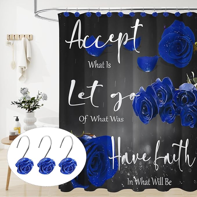 Cute Rose Floral Shower Curtain Hooks Rings for Bathroom,Blue 12PCS | Metal Rustproof Curtain Hooks Shower Rings,Girls Decorative Flower Bathroom Decor,for Bathroom Shower Rods