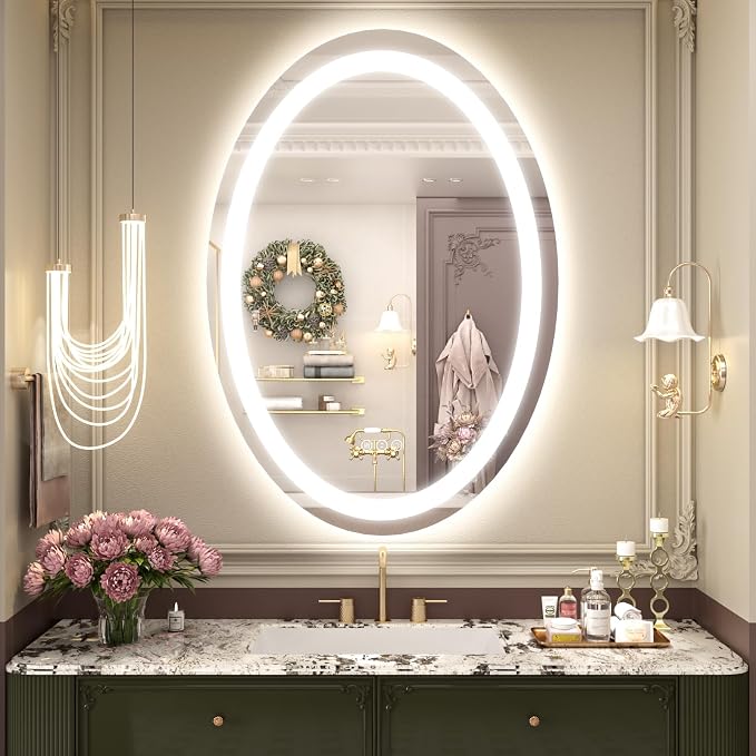 OKPAL Oval LED Mirror for Bathoom 40X24, Oval Bathroom Mirror with Lights, Dimmiable Lighted Vanity Mirror, Anti-Fog, Shatter-Proof, Memory, 3 Colors (Front Lights + Backlit)