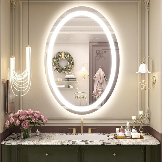 OKPAL Oval LED Mirror for Bathoom 40X24, Oval Bathroom Mirror with Lights, Dimmiable Lighted Vanity Mirror, Anti-Fog, Shatter-Proof, Memory, 3 Colors (Front Lights + Backlit)