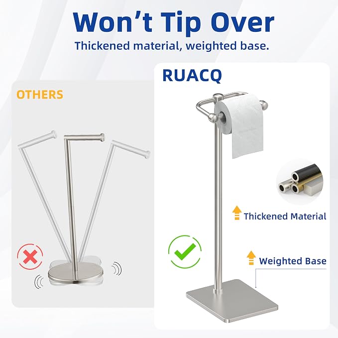RUACQ Bathroom Toilet Paper Holder Stand, Brushed Nickel | Dual-Post Pivoting Free Standing Toilet Roll Holder with Weighted Base, Anti-drop Design 304 Stainless Steel Tissue Stand