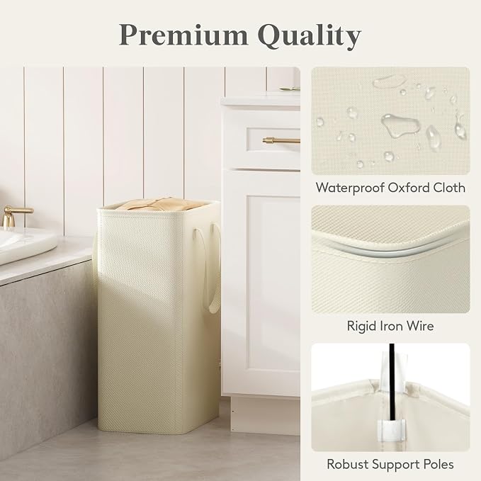 Lifewit Slim Collapsible Laundry Basket with Handles, 50L, Ivory | Narrow Laundry Hamper for Dirty Clothes, Tall Thin Laundry Bin, Small Clothes Hamper for Bathroom, Bedroom, RV, Dorm