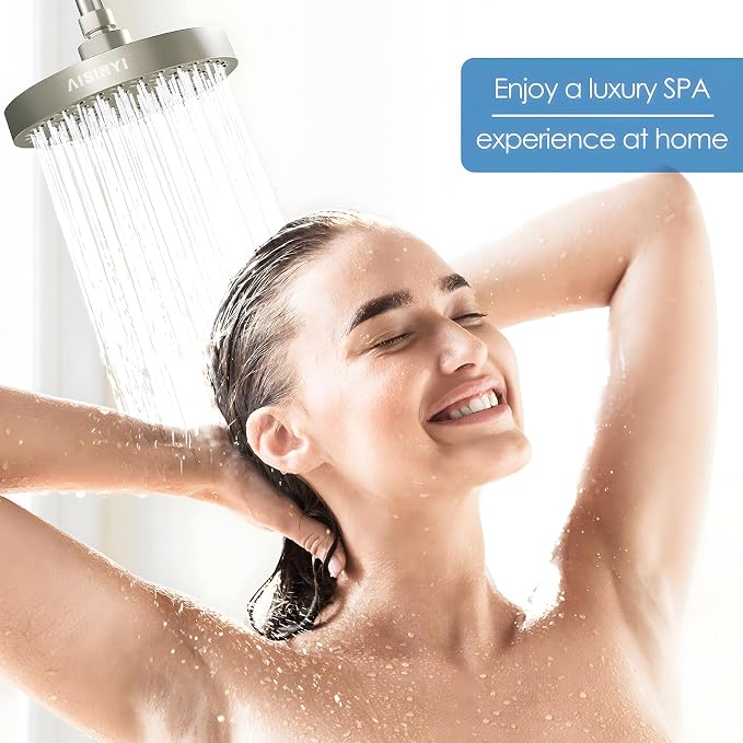 6" Rain Shower Head & 6" Shower Arm, Luxury Brushed Nickel Finish | High Pressure 6 Inch Fixed Showerhead, Adjustable Replacement, 90 Nozzles, Removable Restrictor, Tool-Free Easy to Install
