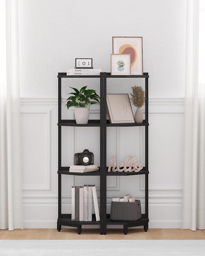Hzuaneri Corner Shelf Stand 4-Tier Corner Bookshelf Storage Standing Shelf | Bookcase Plant Stand with Metal Frame for Living Room, Home Office, Bedroom, Black CS05806B