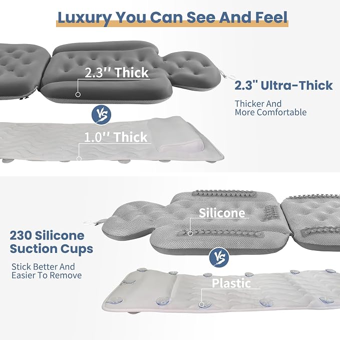 Bath Cushion, Full Body Bathtub Pillow with 160 Suction Cups, Bath Mat for Head and Neck Support, with Laundry Bag (Dark Gray, 60" x 16")