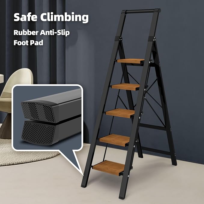 HillhutApex Aluminum 5 Step Ladder, Step Stool Foldable(Black Woodgrain) | Anti-Slip Pedals,330lbs Capacity,Lightweight Folding Ladders for Home,Office,Libaray