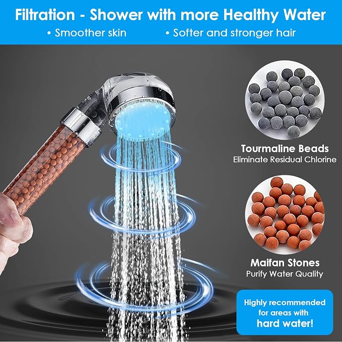 Vacto Temperature Controlled 3-color Changing Shower Head Kit, Water Saving Showerheads with Filtration Beads, LED High Pressure Handheld Shower Head Set with Hose and Bracket