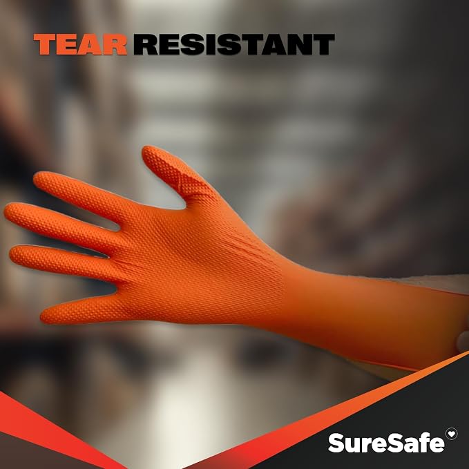 Orange Nitrile Gloves, 8 Mil Powder-Free Latex-Free Disposable | High-visibility diamond-texture grip for automotive, mechanic, construction, shop; heavy-duty, tear and puncture resistant