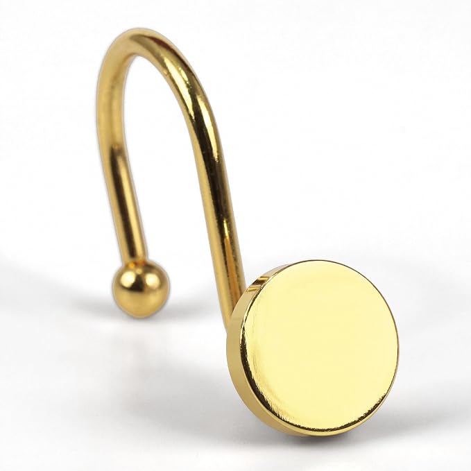 Brass Gold Shower Curtain Hooks: Rust Proof Metal Curtain Rings, 12Pcs | Simple Classic Round Button Shower Hooks, Heavy Duty Hanging Hangers for Shower Rod, Gift for Modern & Luxury Bathroom Decor