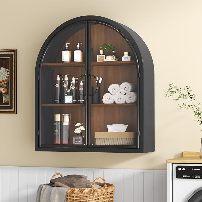 Arched Wall Cabinet with Clear Glass Door, NO Assembly | Metal Frame, 12MM Wooden Shelves, Handcrafted Arched Design, 40-lb per Tier, 5MM Tempered Glass, for Bathroom Wall Medicine
