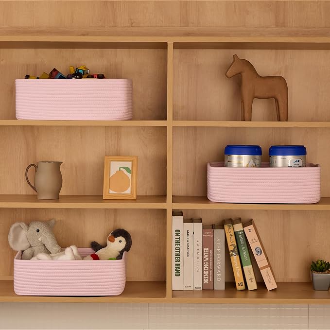 MiniArk Large Shallow Organizing Baskets 15x11x5.1 Inches - Rope Woven Storage Bins for Bathroom, Shelves, Cube Closet, Light Pink 2 Packs
