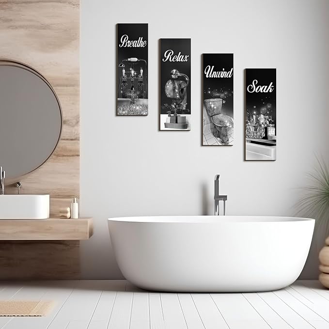 Honoson 4 Pcs Bathroom Decor Wall Art Farmhouse Bathroom Pictures Wall Decor Soak Unwind Relax Breathe Wood Hanging Sign for Home Spa Laundry(Classic,Black Glitter,15.7 x 5.9 Inch)