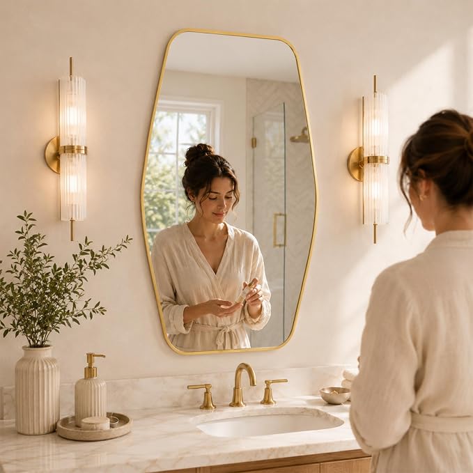 Brushed Gold Tapered Rectangle Bathroom Mirror, 24x36 Inch | Aluminum alloy frame, tempered glass, two-way keyhole mount, for dressing room and entryway