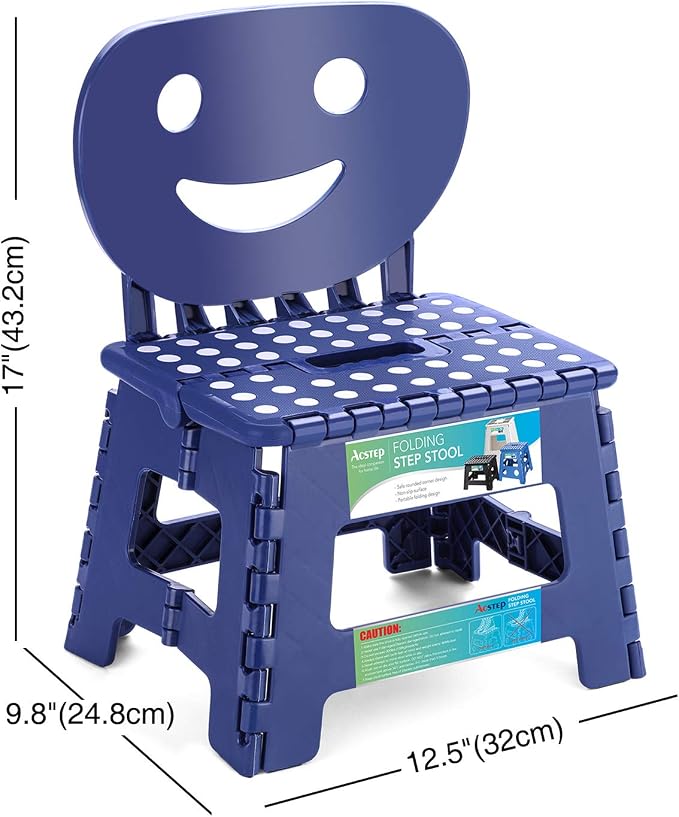 Folding Step Stool with Back Support for Kids,9" Kids Step Stool for Outdoor or Indoor Kitchen Step Stools and Bathroom Stool for Toddlers Boys Girls - Royal Blue