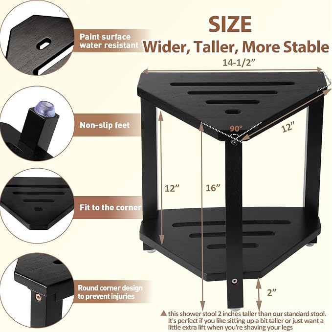 IBosins Corner Shower Stool for Shaving Legs Small Bench with Storage Shelf | Acacia Wood Shower Chair for Inside Shower Foot Rest Wooden Seat for Bathroom Living Room Bedroom (16.1 Inch, Black Finish)