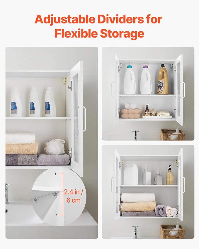 VEVOR Laundry Room Wall Cabinet, 2-Tier Wall Mounted Cabinet with Adjustable Shelf, Cupboard Storage with 4 Doors, for Kitchen, Bathroom, Laundry, Set of 2, Each 12 x 24 x 24 in (D x W x H), White