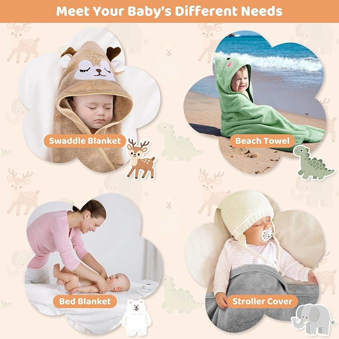 12 PCS Baby Bath Towels Set for Infants Toddlers Essentials | 4 PCS Baby Towels & 8 PCS Washcloths Set, Cute Animal Hooded, Ultra Absorbent & Soft, Newborn Shower Gifts for Boys & Girls