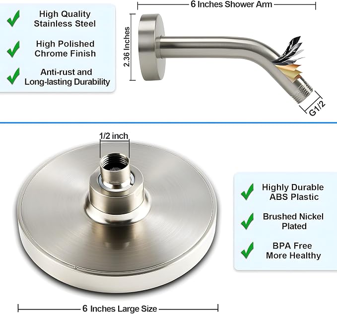 6" Rain Shower Head & 6" Shower Arm, Luxury Brushed Nickel Finish | High Pressure 6 Inch Fixed Showerhead, Adjustable Replacement, 90 Nozzles, Removable Restrictor, Tool-Free Easy to Install