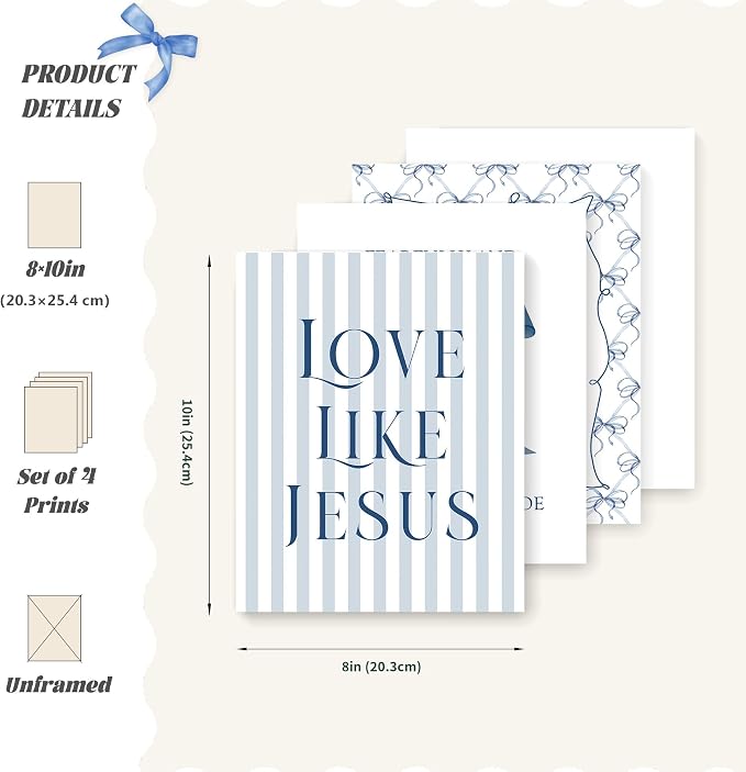 LARTSFRO Coquette Navy Blue Bow Jesus Wall Art Decor Posters, Blue Bow Christian Room Bedroom Bathroom Wall Art Decor Aesthetic for Teen Girls College Gifts, Inspirational Bible Verses Bow Wall Decor, 10x8 Inch Set of 4 Bow Pictures(UNFRAMED)
