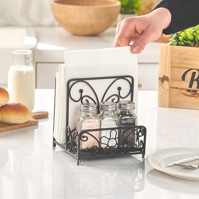 Napkin Holder with Salt and Pepper Caddy, Metal Table Dispenser | Dinner Napkins, Salt, Pepper & Table Decor
