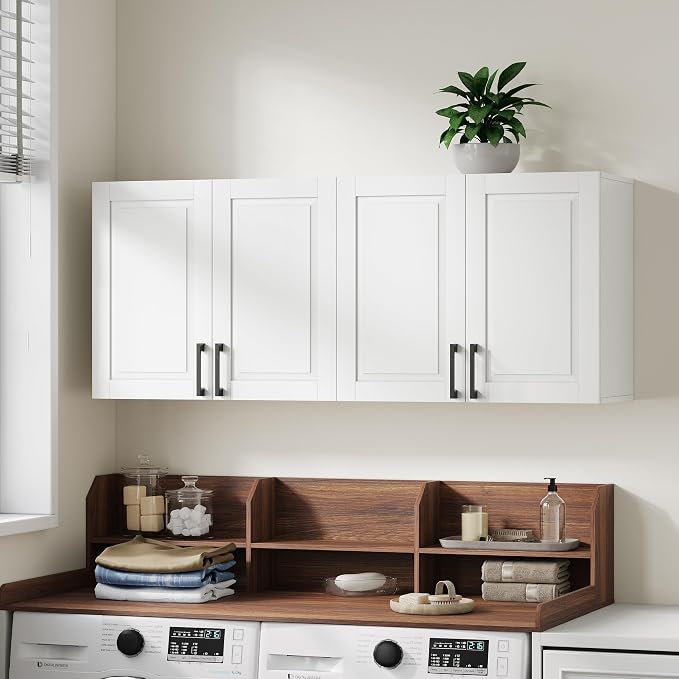 ChooChoo Laundry Room Cabinets, 4 Doors Wall Mounted Storage Cabinet | Kitchen Wall Storage, Bathroom Wall Cabinet, White